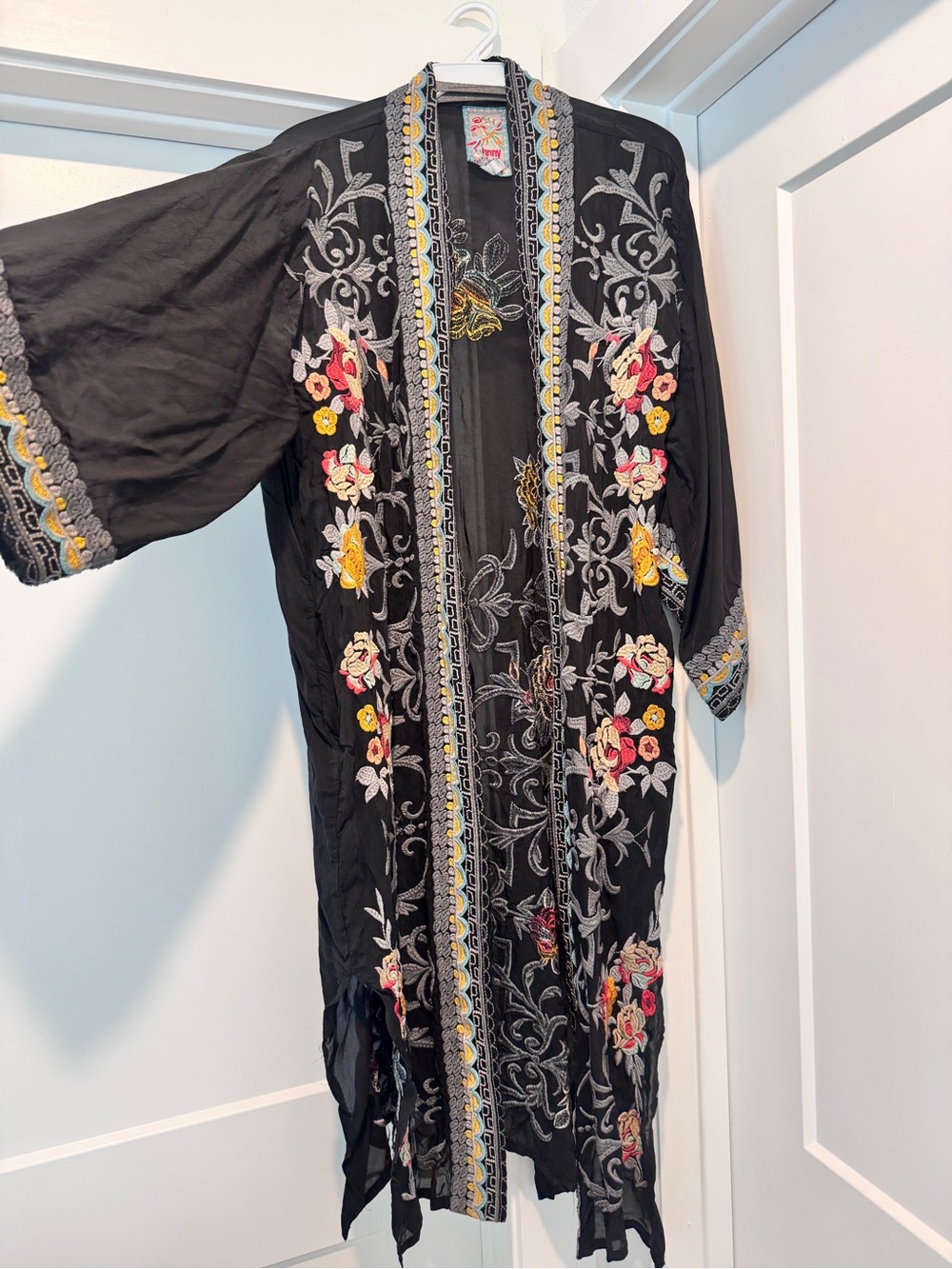 Johnny Was Black Jacket with Teal and Red Embroidered Patch